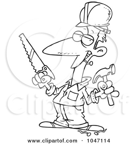 Royalty-Free (RF) Clip Art Illustration of a Cartoon Black And White Outline Design Of A Construction Guy Holding A Hammer And Saw by toonaday