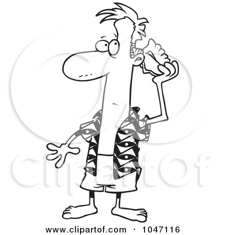 Royalty-Free (RF) Clip Art Illustration of a Cartoon Black And White Outline Design Of A Man Listening To A Conch Shell by toonaday