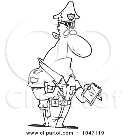 Royalty-Free (RF) Clip Art Illustration of a Cartoon Black And White Outline Design Of A Tough Cop Writing A Ticket by toonaday