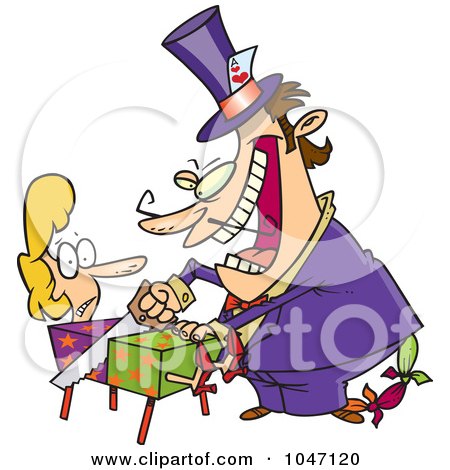 Royalty-Free (RF) Clip Art Illustration of a Cartoon Magician Cutting A Woman In A Box by toonaday
