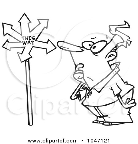 Royalty-Free (RF) Clip Art Illustration of a Cartoon Black And White Outline Design Of A Confused Man Viewing An Arrow Sign by toonaday