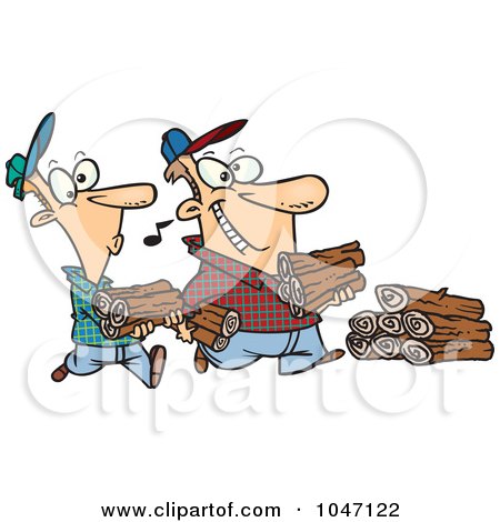 Royalty-Free (RF) Clip Art Illustration of a Cartoon Father And Son Carrying Wood by toonaday