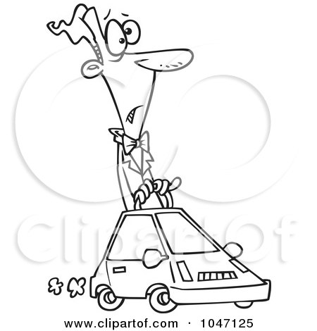 Royalty-Free (RF) Clip Art Illustration of a Cartoon Black And White Outline Design Of A Man Driving A Compact Car by toonaday