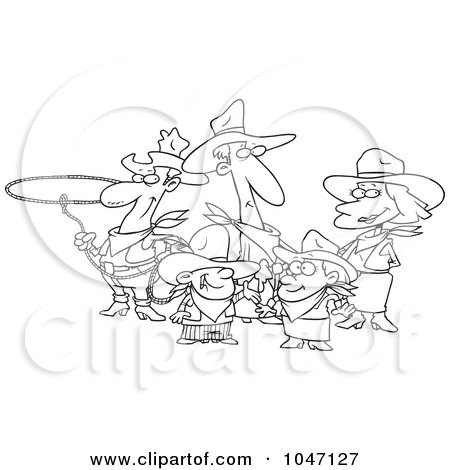 Royalty-Free (RF) Clip Art Illustration of a Cartoon Black And White Outline Design Of A Western Cowboy Family by toonaday