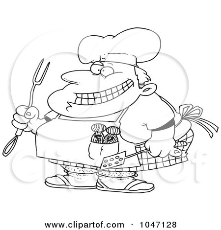 Royalty-Free (RF) Clip Art Illustration of a Cartoon Black And White Outline Design Of A Chubby Chef by toonaday