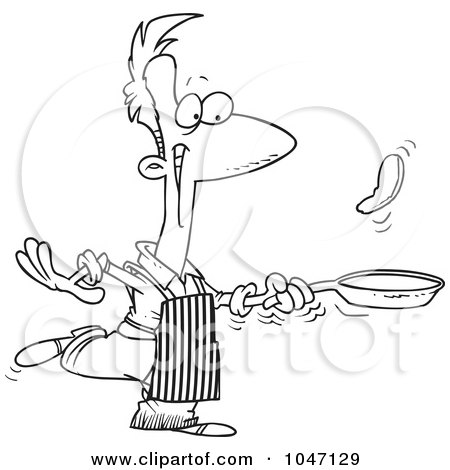 Royalty-Free (RF) Clip Art Illustration of a Cartoon Black And White Outline Design Of A Man Flipping Pancakes by toonaday