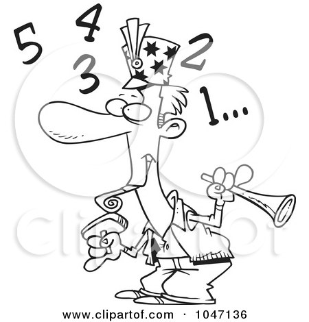 Royalty-Free (RF) Clip Art Illustration of a Cartoon Black And White Outline Design Of A New Year Man Counting Down by toonaday