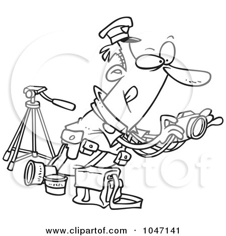 Royalty-Free (RF) Clip Art Illustration of a Cartoon Black And White Outline Design Of A Cop Taking Photos by toonaday