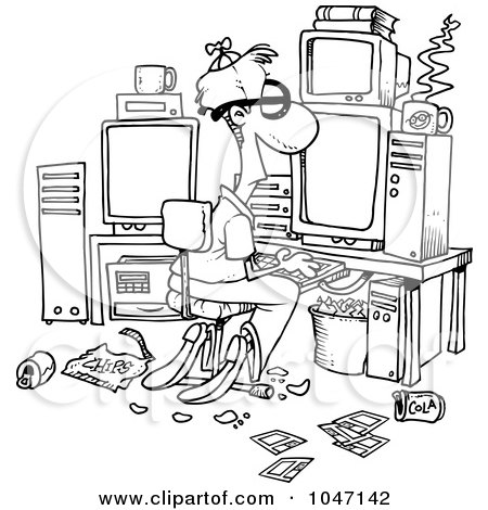 Royalty-Free (RF) Clip Art Illustration of a Cartoon Black And White Outline Design Of A Computer Geek With A Messy Office by toonaday