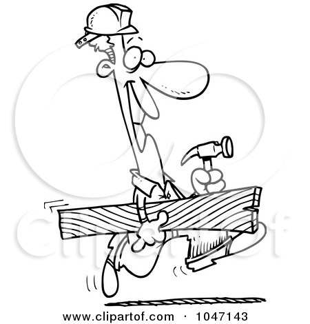 Royalty-Free (RF) Clip Art Illustration of a Cartoon Black And White Outline Design Of A Construction Guy Carrying A Board by toonaday
