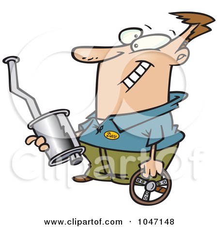 Royalty-Free (RF) Clip Art Illustration of a Cartoon Guy Holding Car Parts by toonaday