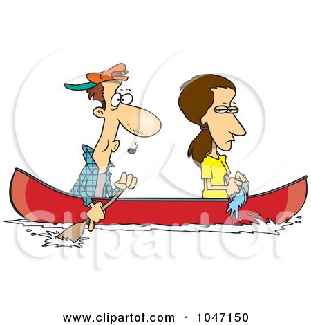 Royalty-Free (RF) Clip Art Illustration of a Cartoon Woman Scooping Water Out Of A Boat As Her Boyfriend Rows by toonaday
