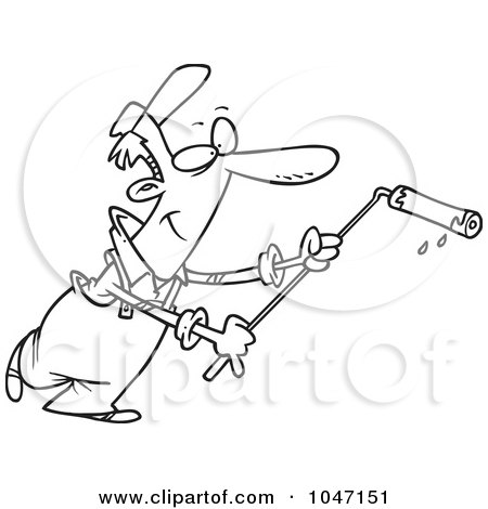 Royalty-Free (RF) Clip Art Illustration of a Cartoon Black And White Outline Design Of A House Painter Using A Roller by toonaday