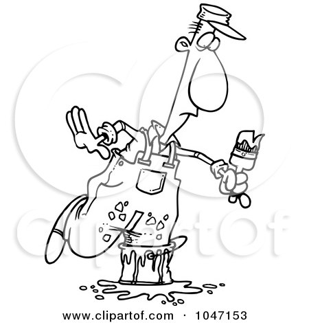 Royalty-Free (RF) Clip Art Illustration of a Cartoon Black And White Outline Design Of A Painter Stepping In A Bucket by toonaday