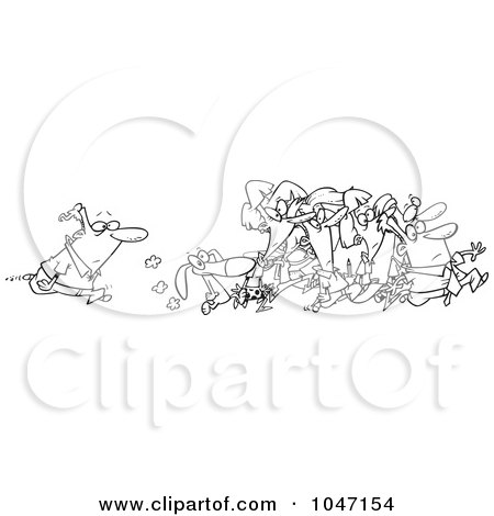 Royalty-Free (RF) Clip Art Illustration of a Cartoon Black And White Outline Design Of A Man Following A Crowd by toonaday