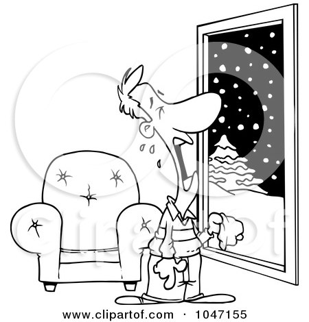 Royalty-Free (RF) Clip Art Illustration of a Cartoon Black And White Outline Design Of A Man Crying At A Snowy Window by toonaday