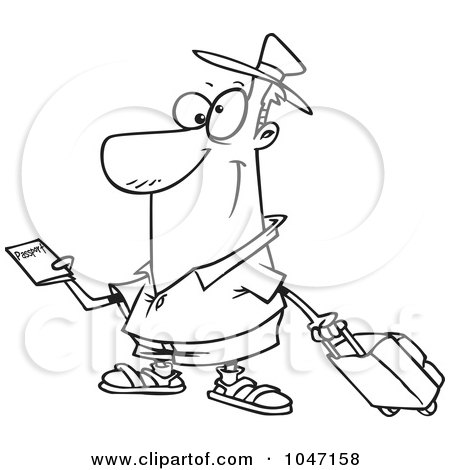Royalty-Free (RF) Clip Art Illustration of a Cartoon Black And White Outline Design Of A Traveler Holding A Passport by toonaday