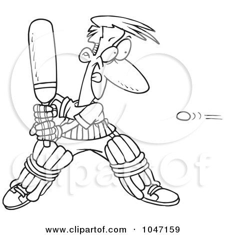 Royalty-Free (RF) Clip Art Illustration of a Cartoon Black And White Outline Design Of A Man Playing Cricket by toonaday