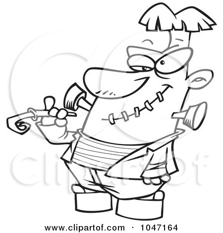 Royalty-Free (RF) Clip Art Illustration of a Cartoon Black And White Outline Design Of Frankenstein With A Noise Marker by toonaday