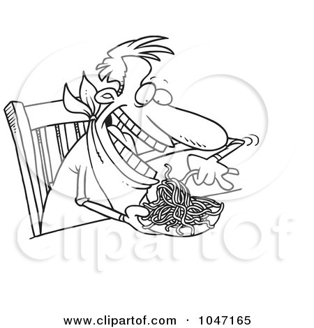 Royalty-Free (RF) Clip Art Illustration of a Cartoon Black And White Outline Design Of A Man Eating Spaghetti At A Table by toonaday