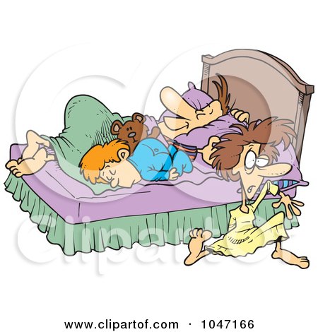 Royalty-Free (RF) Clip Art Illustration of a Cartoon Boy And Father Kicking A Mother Out Of Their Bed by toonaday