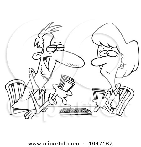 Royalty-Free (RF) Clip Art Illustration of a Cartoon Black And White Outline Design Of A Couple Playing Cribbage by toonaday