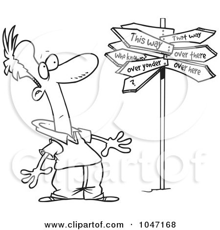 Royalty-Free (RF) Clip Art Illustration of a Cartoon Black And White Outline Design Of A Man At A Crossroads With A Crazy Sign by toonaday