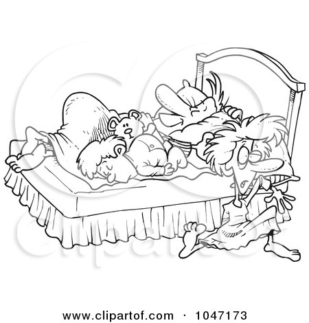 Royalty-Free (RF) Clip Art Illustration of a Cartoon Black And White Outline Design Of A Boy And Father Kicking A Mother Out Of Their Bed by toonaday