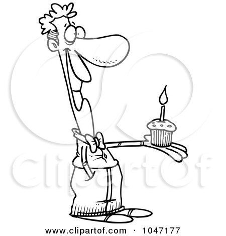 Royalty-Free (RF) Clip Art Illustration of a Cartoon Black And White Outline Design Of A Man Holding A Birthday Cupcake by toonaday