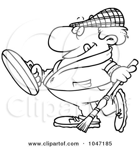 Royalty-Free (RF) Clip Art Illustration of a Cartoon Black And White Outline Design Of A Man Curling by toonaday