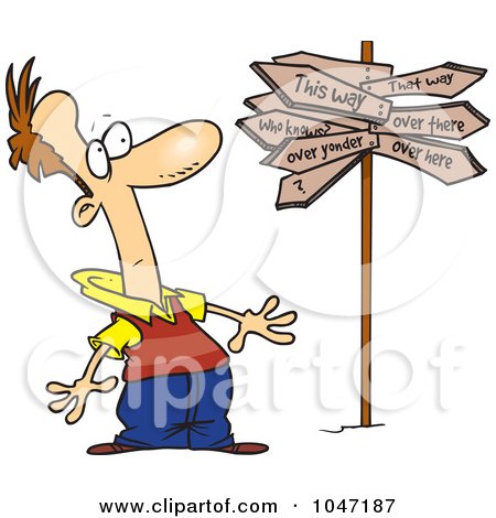 Royalty-Free (RF) Clip Art Illustration of a Cartoon Man At A Crossroads With A Crazy Sign by toonaday