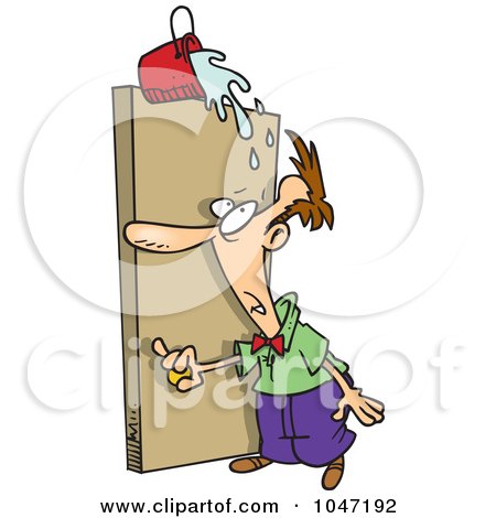 Royalty-Free (RF) Clip Art Illustration of a Cartoon Bucket Of Water Spilling On A Man by toonaday