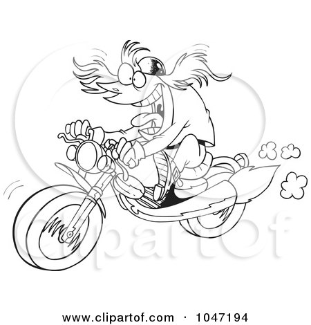 Royalty-Free (RF) Clip Art Illustration of a Cartoon Black And White Outline Design Of A Motorcycler by toonaday