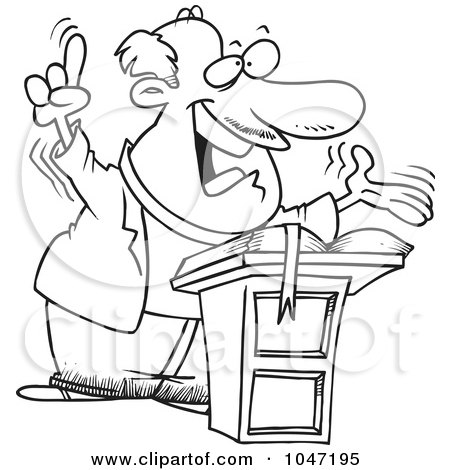 Royalty-Free (RF) Clip Art Illustration of a Cartoon Black And White Outline Design Of A Preaching Pastor by toonaday