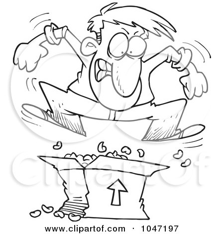 Royalty-Free (RF) Clip Art Illustration of a Cartoon Black And White Outline Design Of A Man Jumping On Packing Peanuts In A Box by toonaday