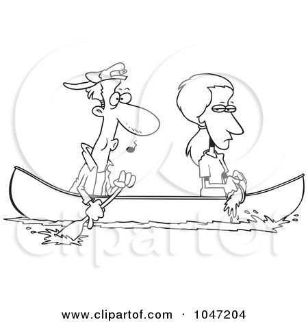 Royalty-Free (RF) Clip Art Illustration of a Cartoon Black And White Outline Design Of A Woman Scooping Water Out Of A Boat As Her Boyfriend Rows by toonaday