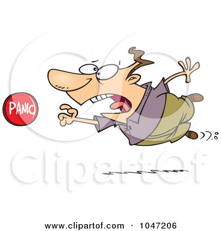Royalty-Free (RF) Clip Art Illustration of a Cartoon Man Rushing To Push A Panic Button by toonaday