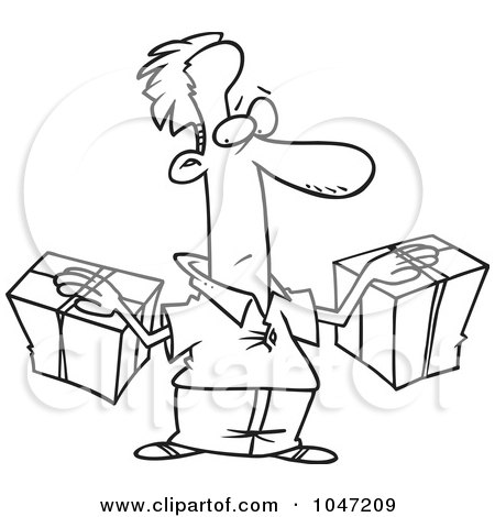Royalty-Free (RF) Clip Art Illustration of a Cartoon Black And White Outline Design Of A Man Stuck To His Packages by toonaday