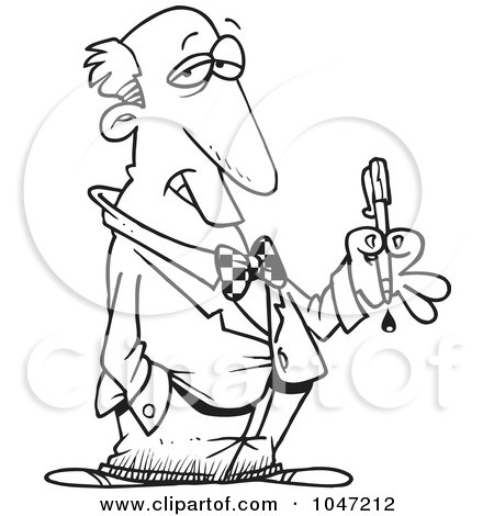 Royalty-Free (RF) Clip Art Illustration of a Cartoon Black And White Outline Design Of A Critic Holding A Bleeding Pen by toonaday