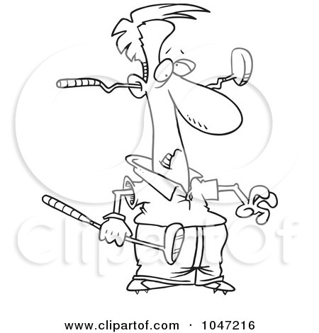 Royalty-Free (RF) Clip Art Illustration of a Cartoon Black And White Outline Design Of A Golfer With A Club Through His Head by toonaday