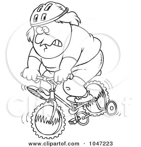 Royalty-Free (RF) Clip Art Illustration of a Cartoon Black And White Outline Design Of A Chubby Man Riding A Bike With Training Wheels by toonaday