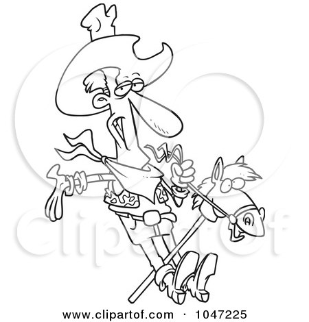 Royalty-Free (RF) Clip Art Illustration of a Cartoon Black And White Outline Design Of A Cowboy On A Stick Pony by toonaday