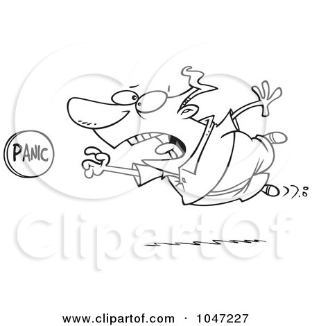 Royalty-Free (RF) Clip Art Illustration of a Cartoon Black And White Outline Design Of A Man Rushing To Push A Panic Button by toonaday