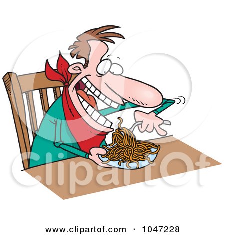 Royalty-Free (RF) Clip Art Illustration of a Cartoon Man Eating Spaghetti At A Table by toonaday