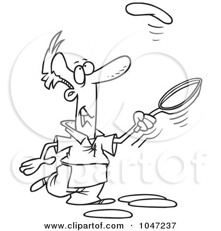 Royalty-Free (RF) Clip Art Illustration of a Cartoon Black And White Outline Design Of A Man Learning To Flip Pancakes by toonaday