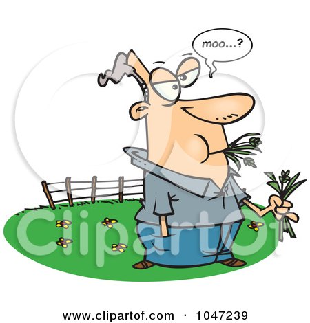 Royalty-Free (RF) Clip Art Illustration of a Cartoon Man Eating Hay And Mooing In A Pasture by toonaday