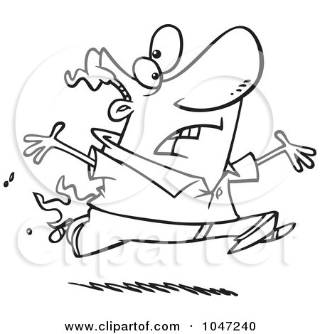 Royalty-Free (RF) Clip Art Illustration of a Cartoon Black And White Outline Design Of A Man Running With His Pants On Fire by toonaday