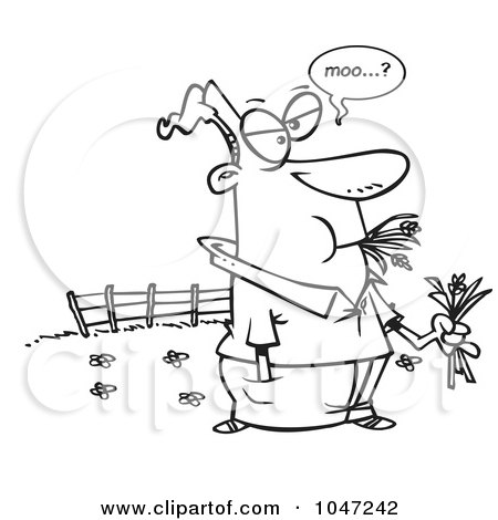 Royalty-Free (RF) Clip Art Illustration of a Cartoon Black And White Outline Design Of A Man Eating Hay And Mooing In A Pasture by toonaday