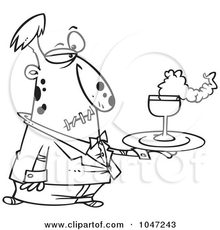 Royalty-Free (RF) Clip Art Illustration of a Cartoon Black And White Outline Design Of A Zombie Waiter by toonaday