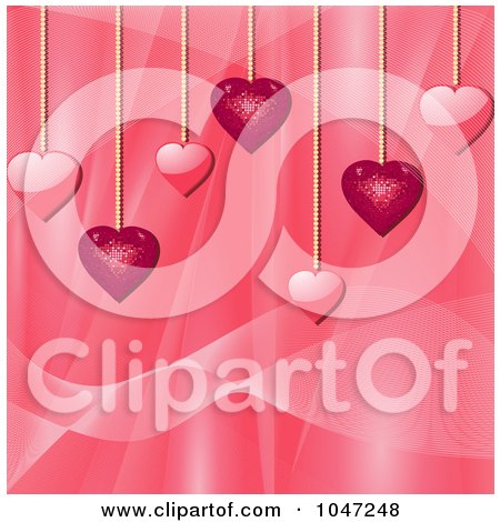 Royalty-Free (RF) Clip Art Illustration of Pink Sparkly And Shiny Heart Pendants Over A Silk Background by elaineitalia